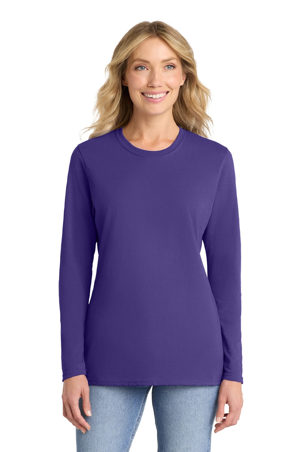 Port & Company LPC54LS Womens Core Long Sleeve Crewneck T-Shirt Purple Model Front