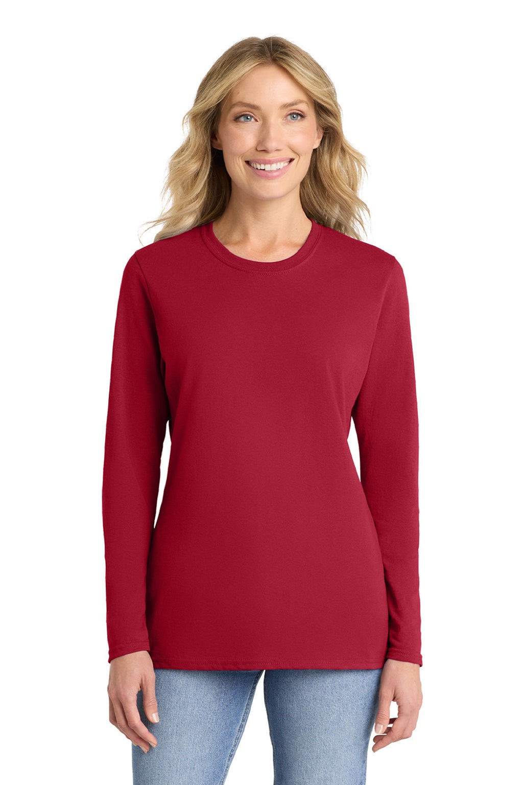 Port & Company LPC54LS Womens Core Long Sleeve Crewneck T-Shirt Red Model Front