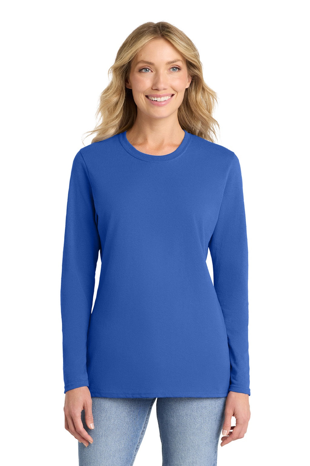 Port & Company LPC54LS Womens Core Long Sleeve Crewneck T-Shirt Royal Blue Model Front