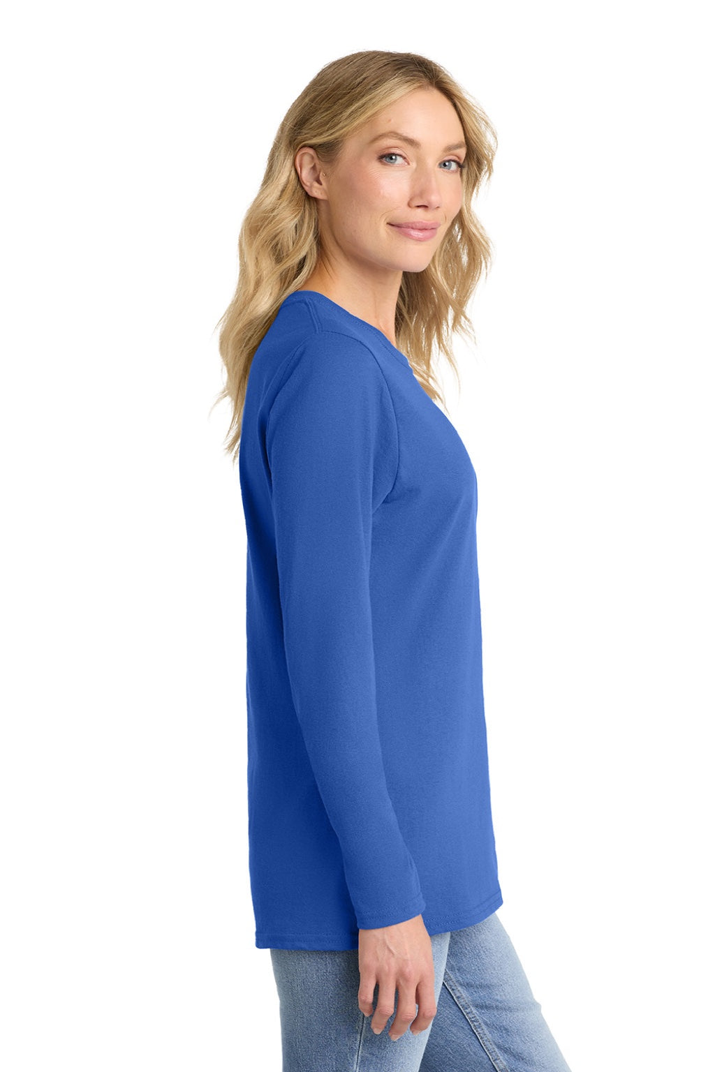 Port & Company LPC54LS Womens Core Long Sleeve Crewneck T-Shirt Royal Blue Model Side