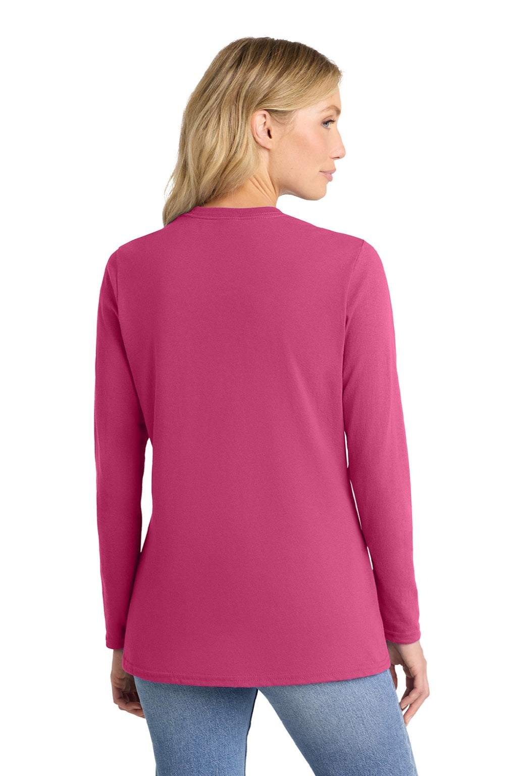 Port & Company LPC54LS Womens Core Long Sleeve Crewneck T-Shirt Sangria Pink Model Back