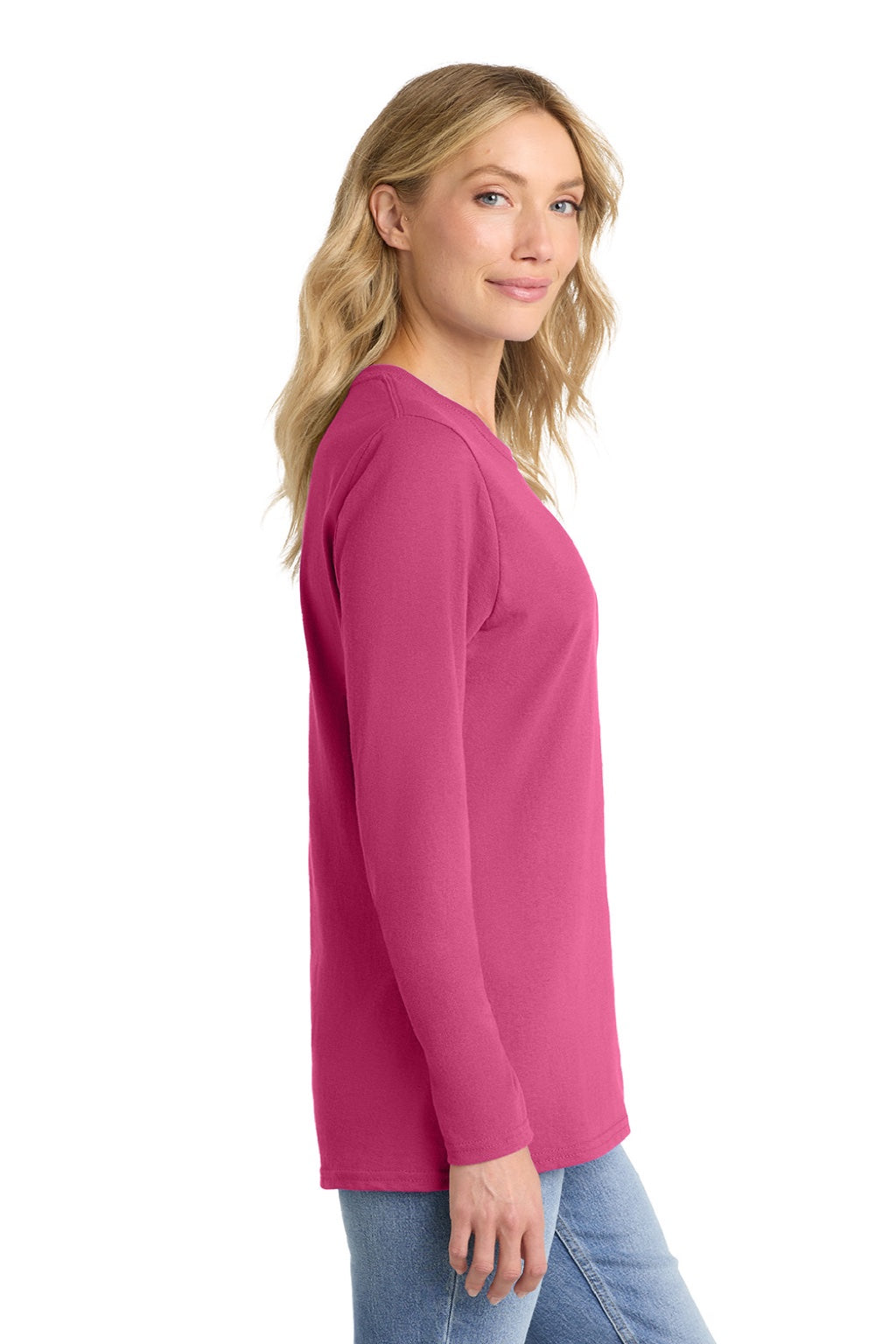 Port & Company LPC54LS Womens Core Long Sleeve Crewneck T-Shirt Sangria Pink Model Side