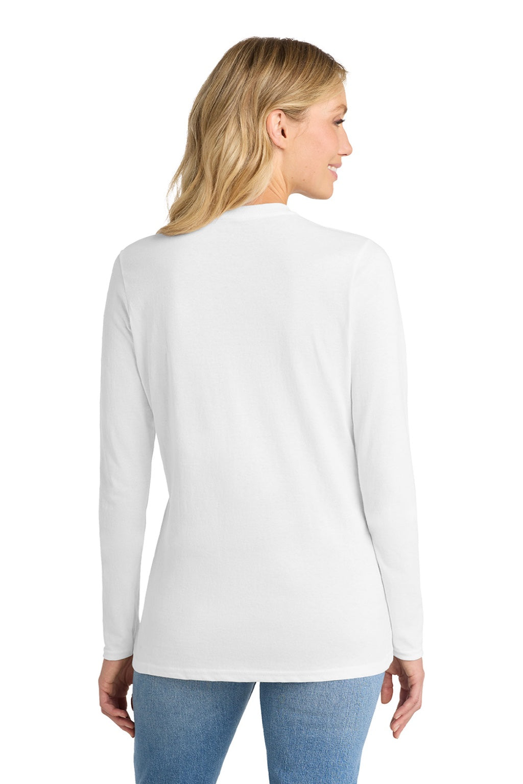 Port & Company LPC54LS Womens Core Long Sleeve Crewneck T-Shirt White Model Back