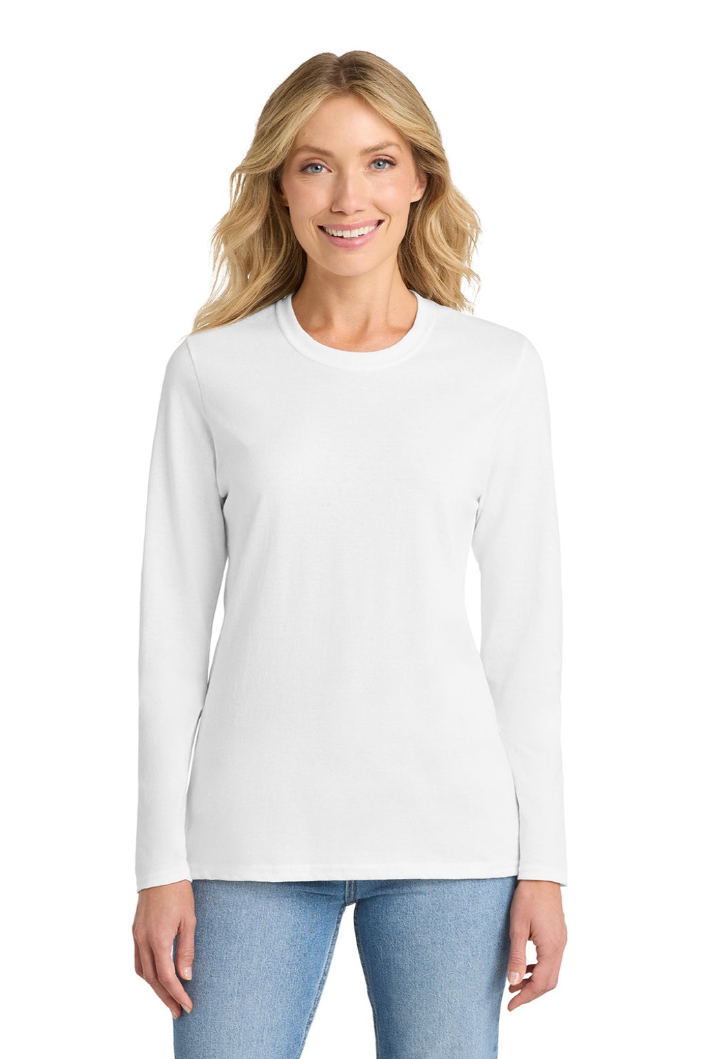 Port & Company LPC54LS Womens Core Long Sleeve Crewneck T-Shirt White Model Front