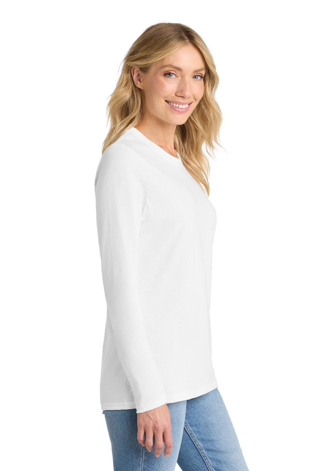 Port & Company LPC54LS Womens Core Long Sleeve Crewneck T-Shirt White Model Side