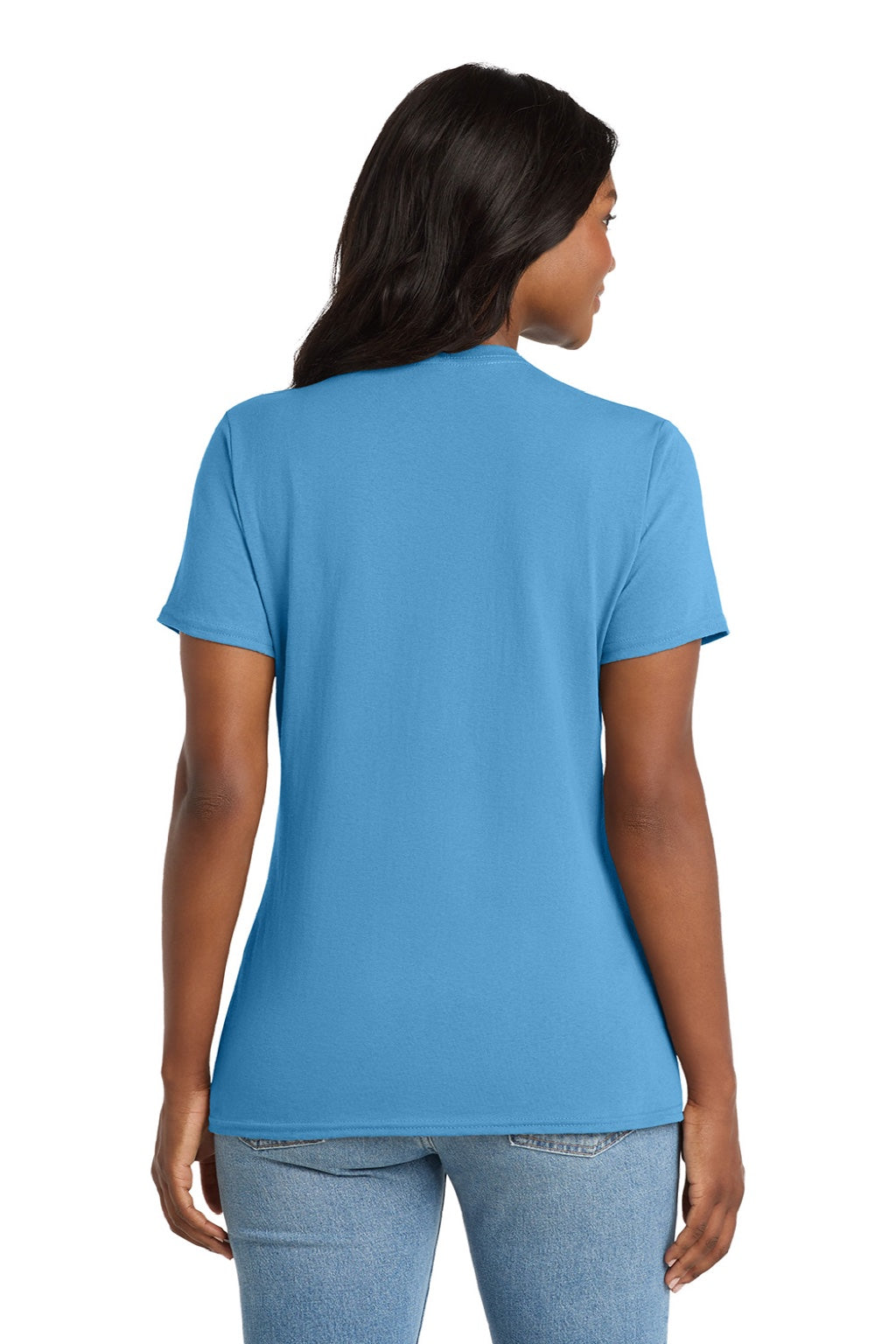 Port & Company LPC54V Womens Core Short Sleeve V-Neck T-Shirt Aquatic Blue Model Back