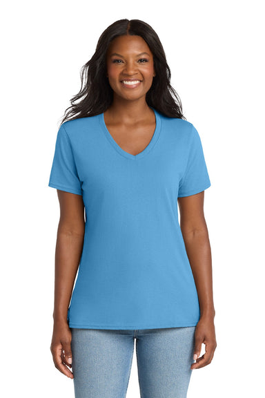 Port & Company LPC54V Womens Core Short Sleeve V-Neck T-Shirt Aquatic Blue Model Front