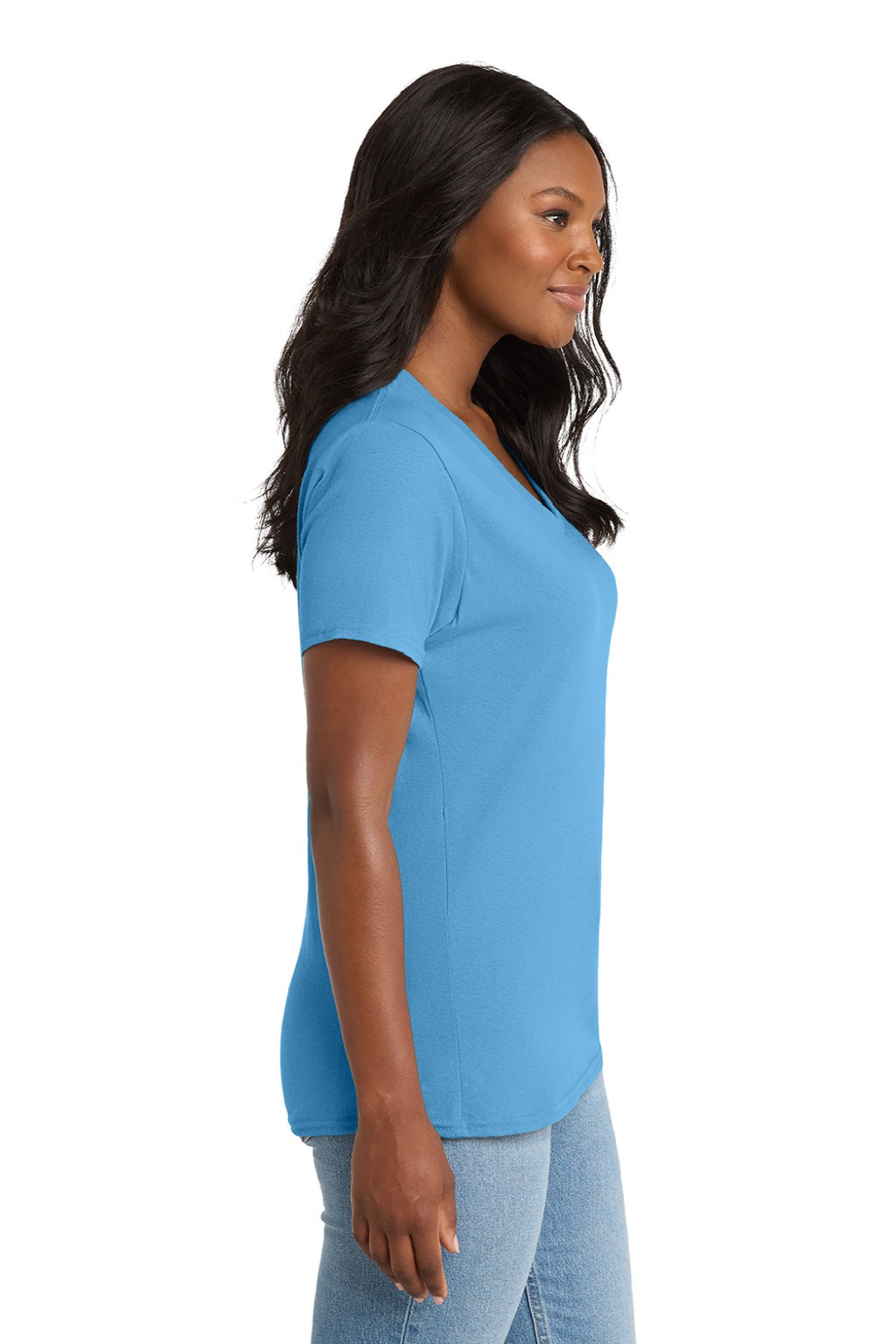Port & Company LPC54V Womens Core Short Sleeve V-Neck T-Shirt Aquatic Blue Model Side
