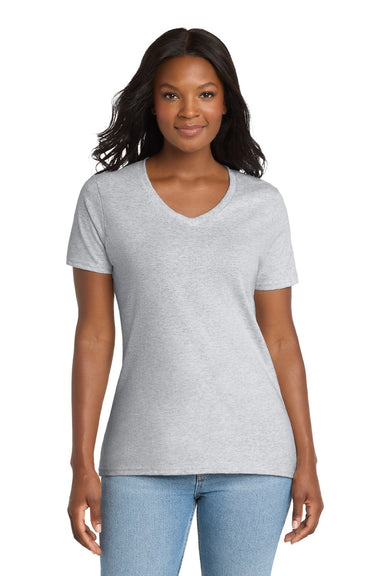 Port & Company LPC54V Womens Core Short Sleeve V-Neck T-Shirt Ash Grey Model Front