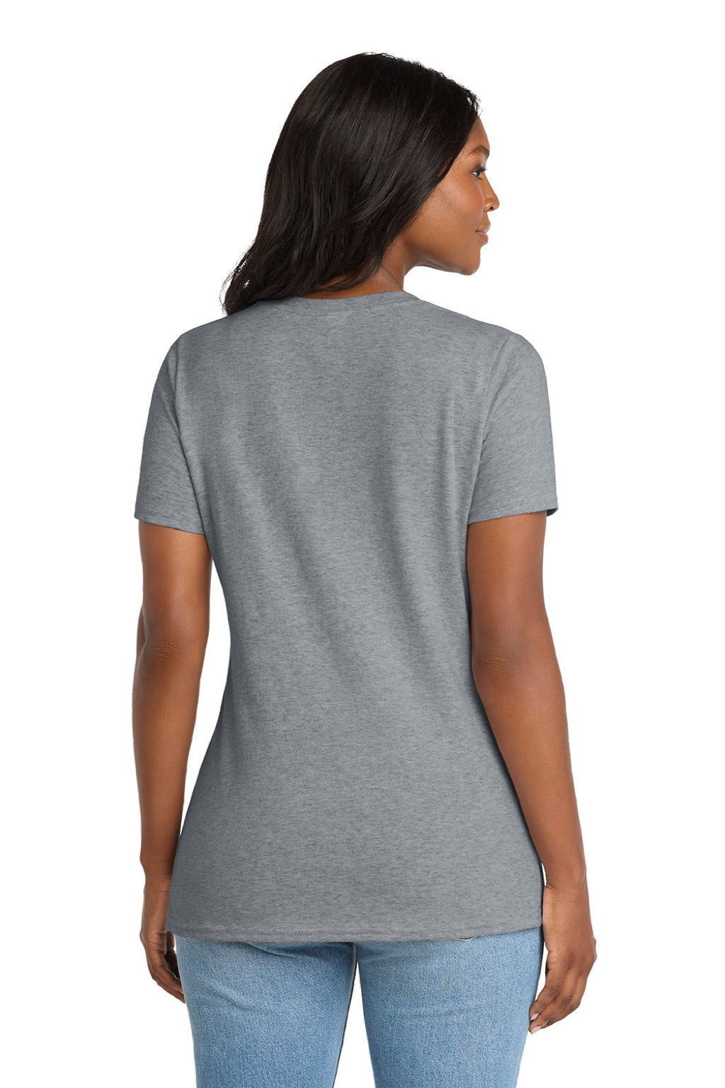 Port & Company LPC54V Womens Core Short Sleeve V-Neck T-Shirt Heather Grey Model Back