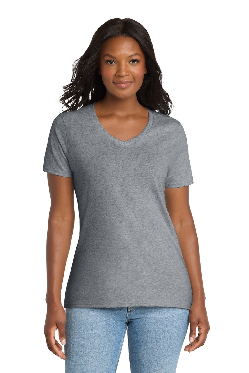 Port & Company LPC54V Womens Core Short Sleeve V-Neck T-Shirt Heather Grey Model Front