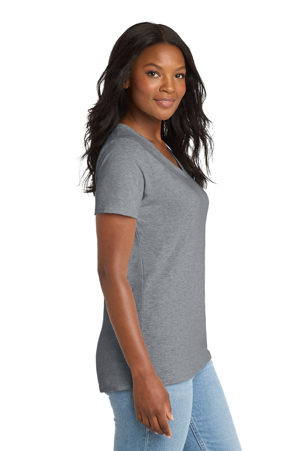 Port & Company LPC54V Womens Core Short Sleeve V-Neck T-Shirt Heather Grey Model Side