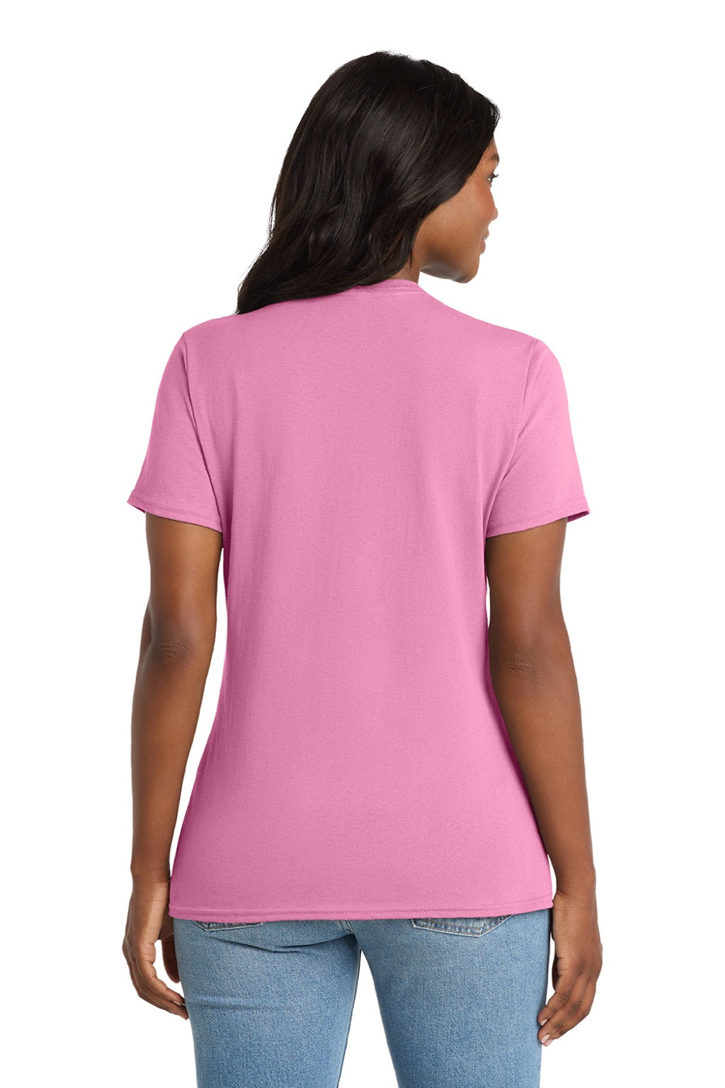 Port & Company LPC54V Womens Core Short Sleeve V-Neck T-Shirt Candy Pink Model Back