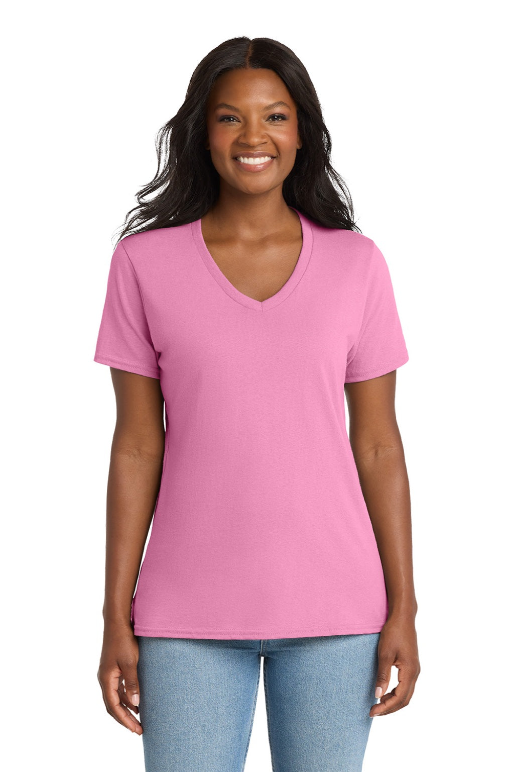 Port & Company LPC54V Womens Core Short Sleeve V-Neck T-Shirt Candy Pink Model Front