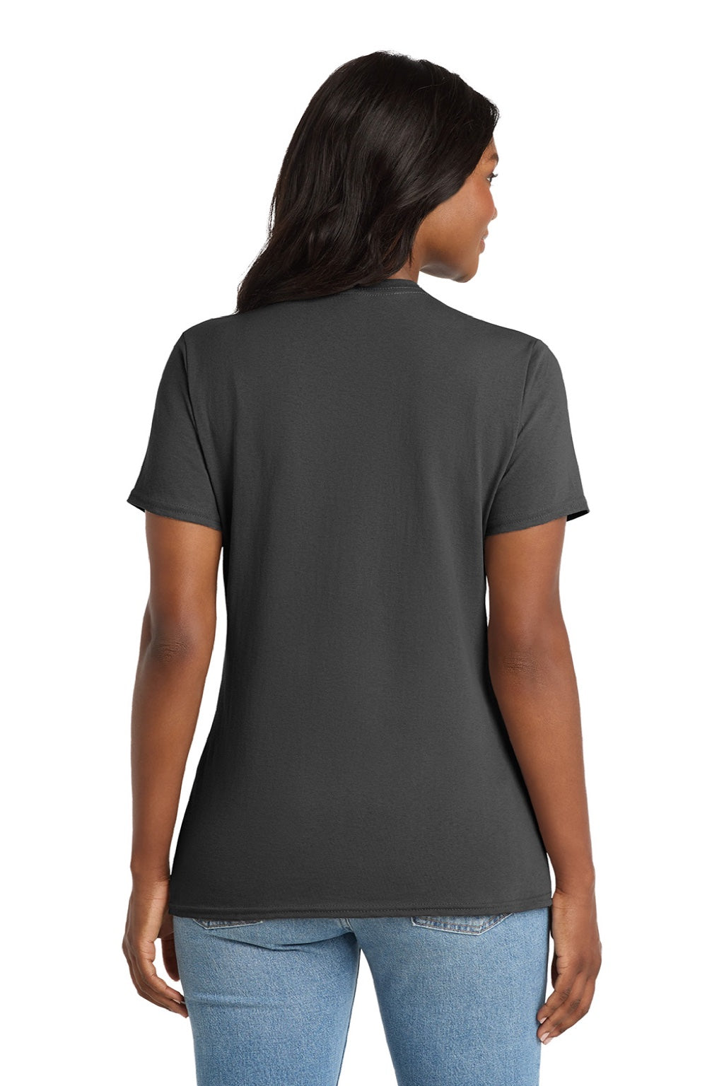 Port & Company LPC54V Womens Core Short Sleeve V-Neck T-Shirt Charcoal Grey Model Back
