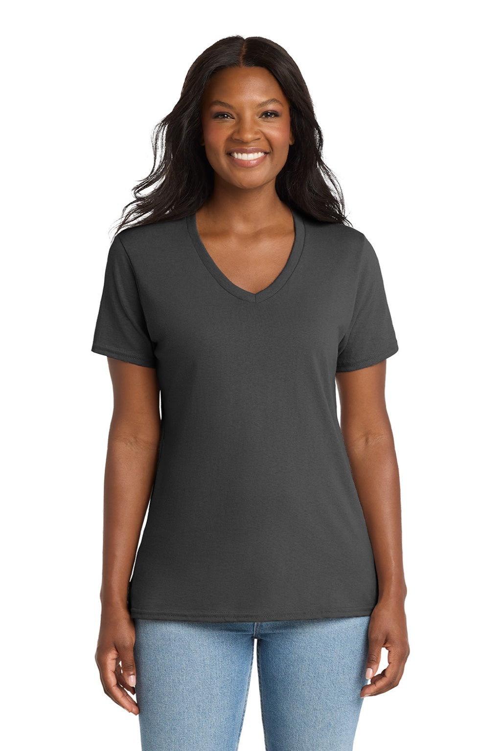 Port & Company LPC54V Womens Core Short Sleeve V-Neck T-Shirt Charcoal Grey Model Front