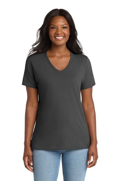Port & Company LPC54V Womens Core Short Sleeve V-Neck T-Shirt Charcoal Grey Model Front