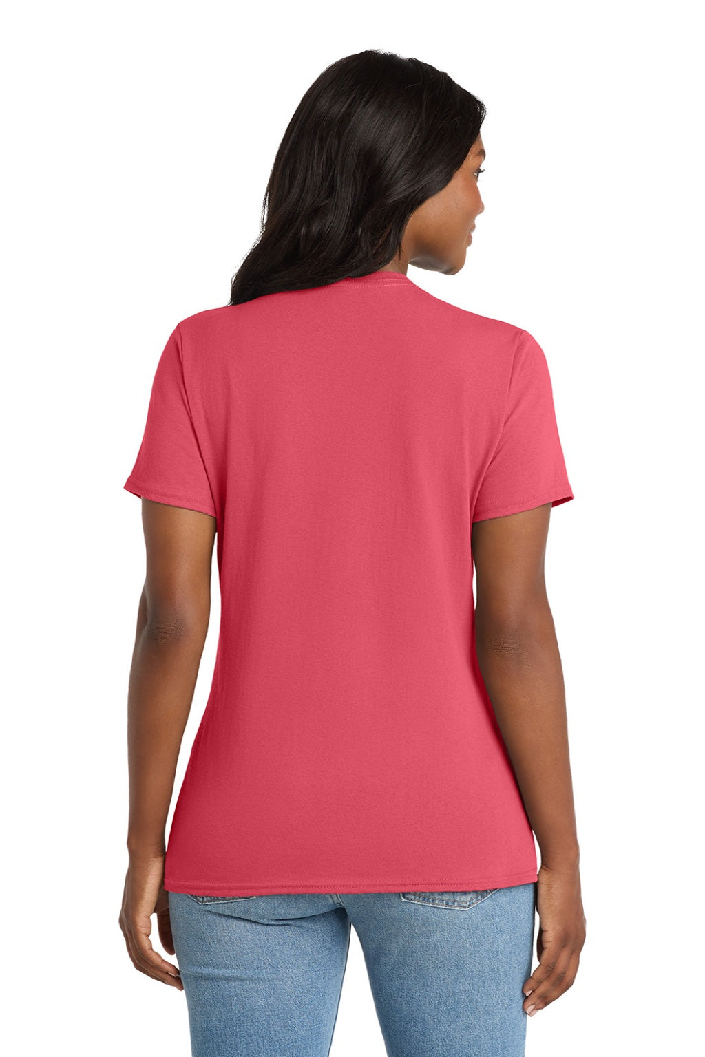 Port & Company LPC54V Womens Core Short Sleeve V-Neck T-Shirt Coral Model Back