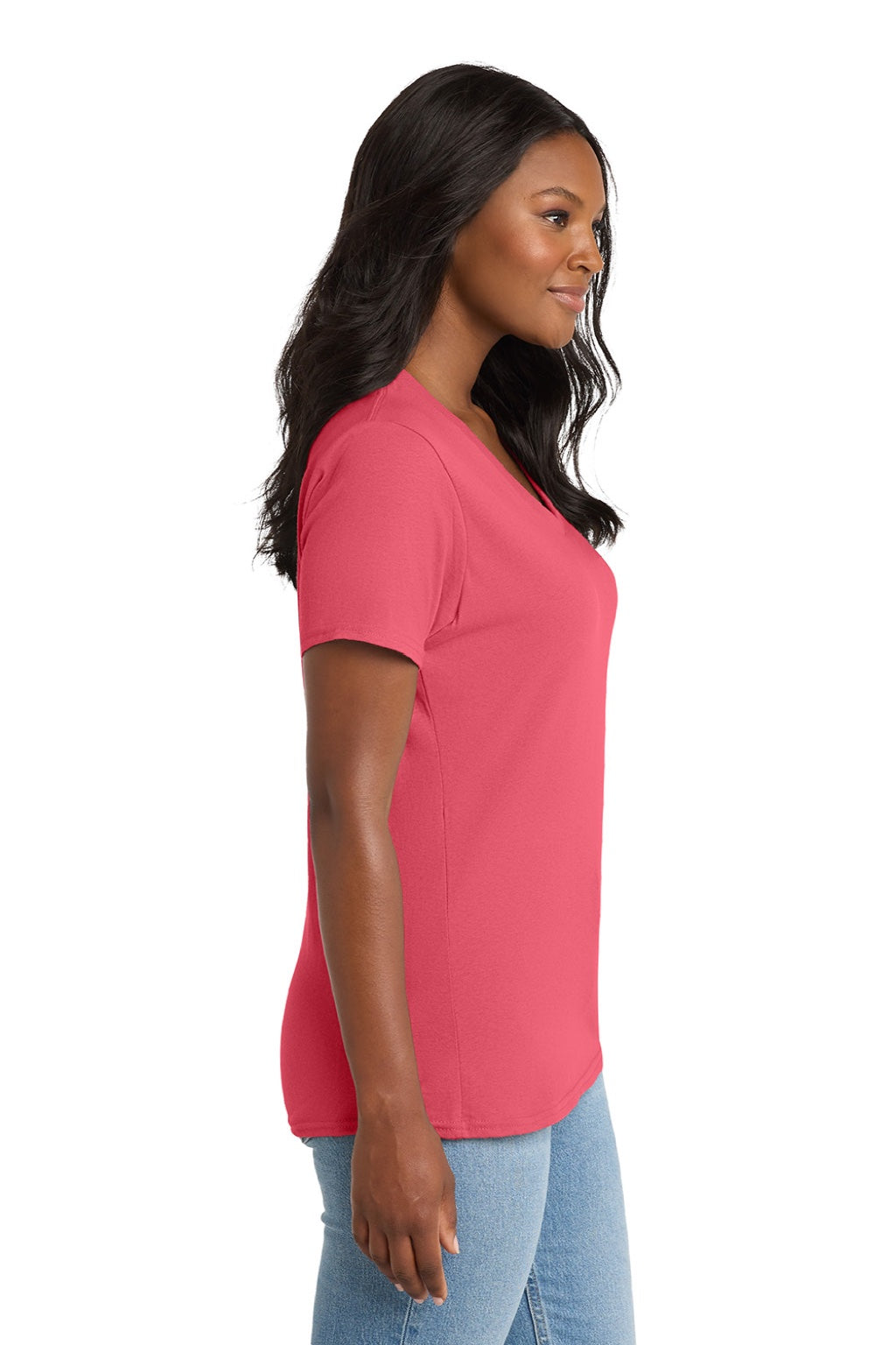 Port & Company LPC54V Womens Core Short Sleeve V-Neck T-Shirt Coral Model Side