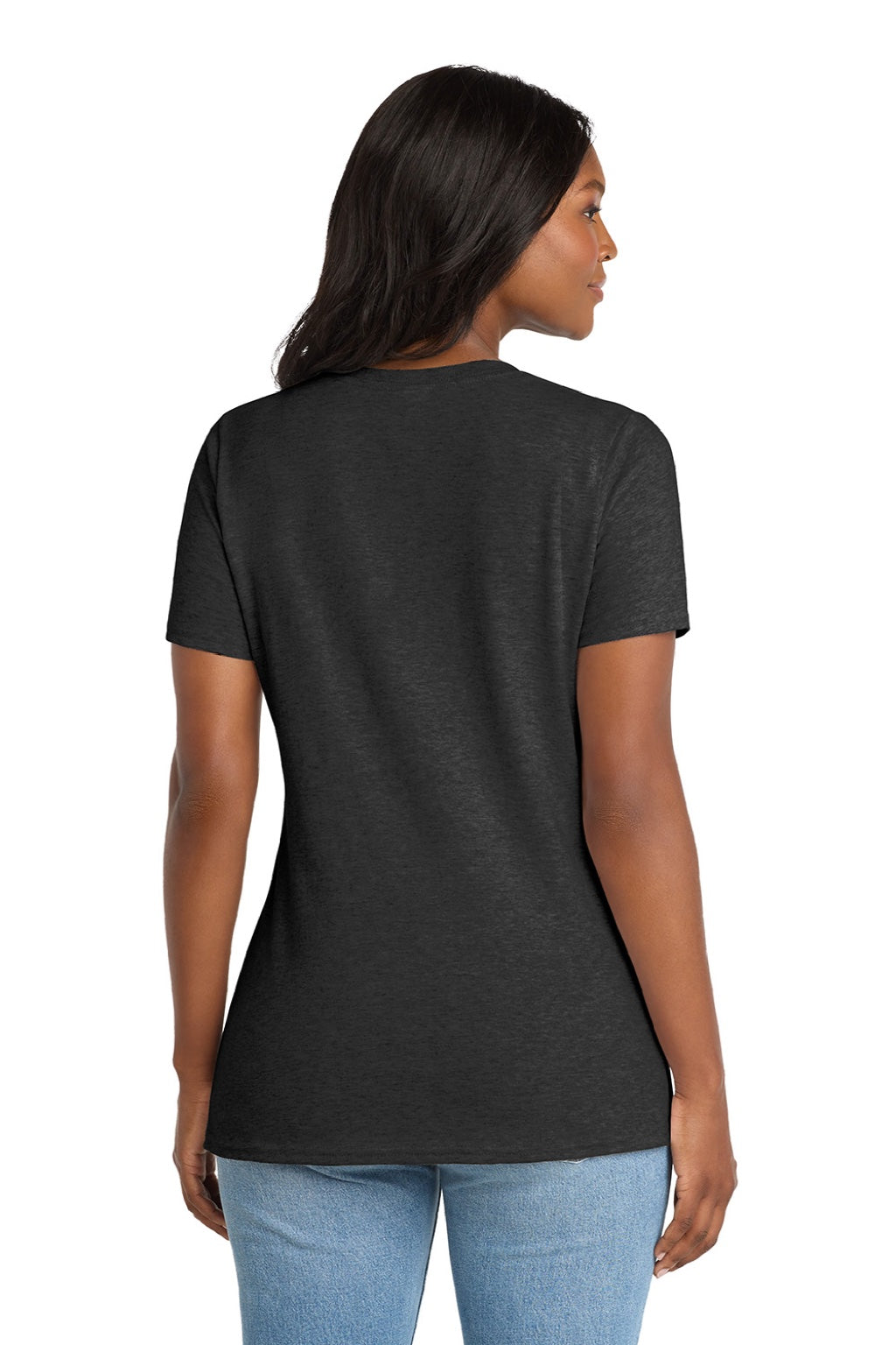 Port & Company LPC54V Womens Core Short Sleeve V-Neck T-Shirt Heather Dark Grey Model Back