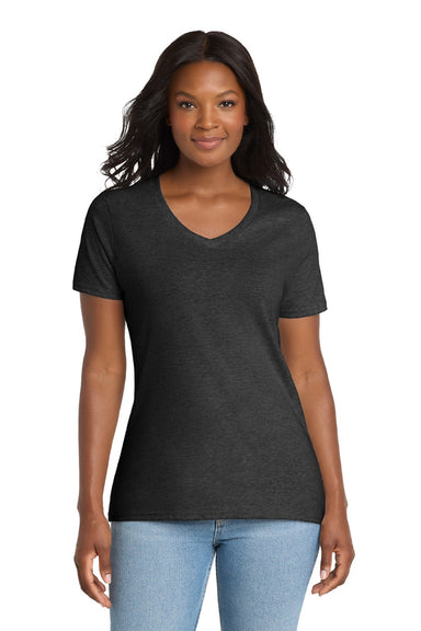 Port & Company LPC54V Womens Core Short Sleeve V-Neck T-Shirt Heather Dark Grey Model Front