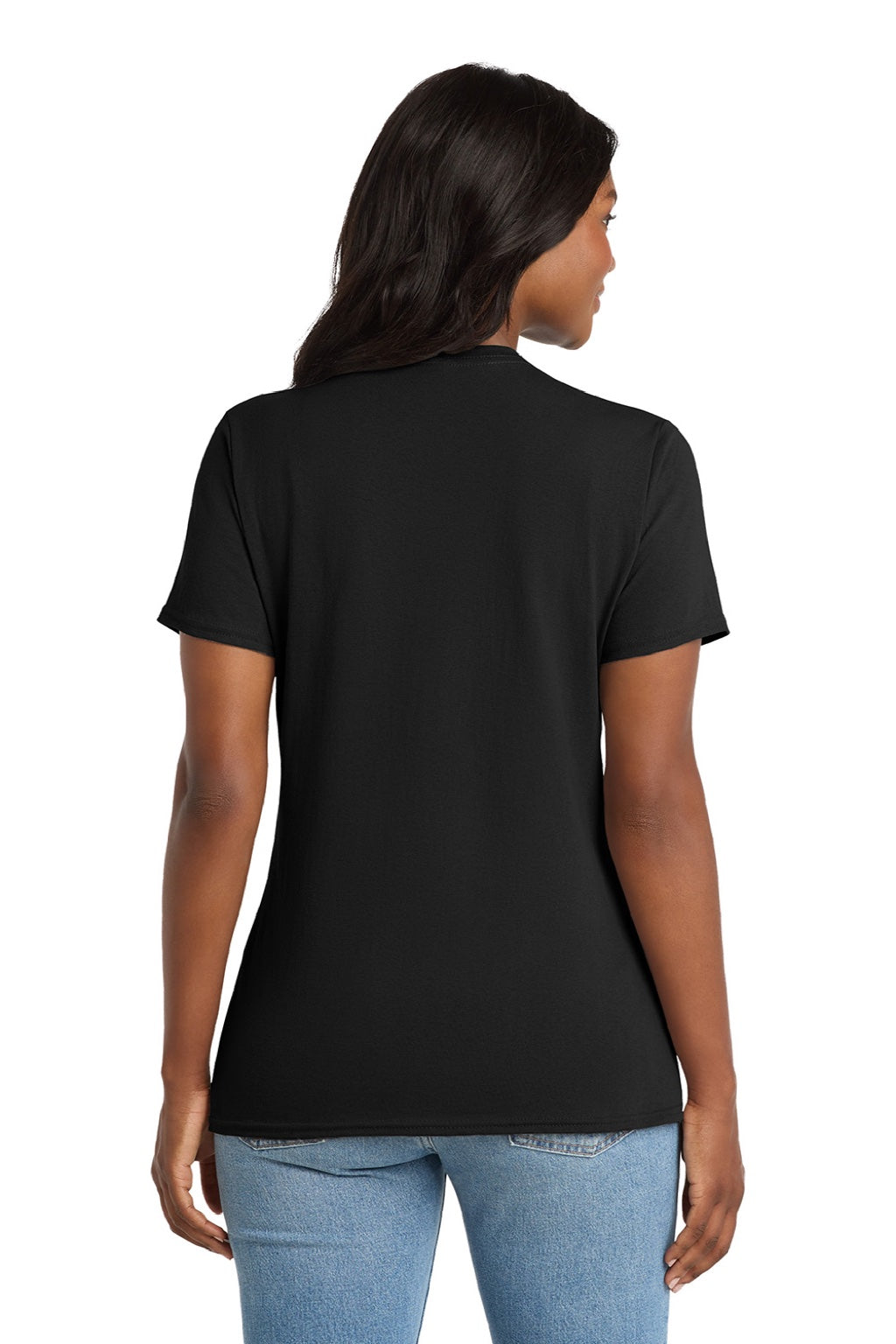 Port & Company LPC54V Womens Core Short Sleeve V-Neck T-Shirt Jet Black Model Back