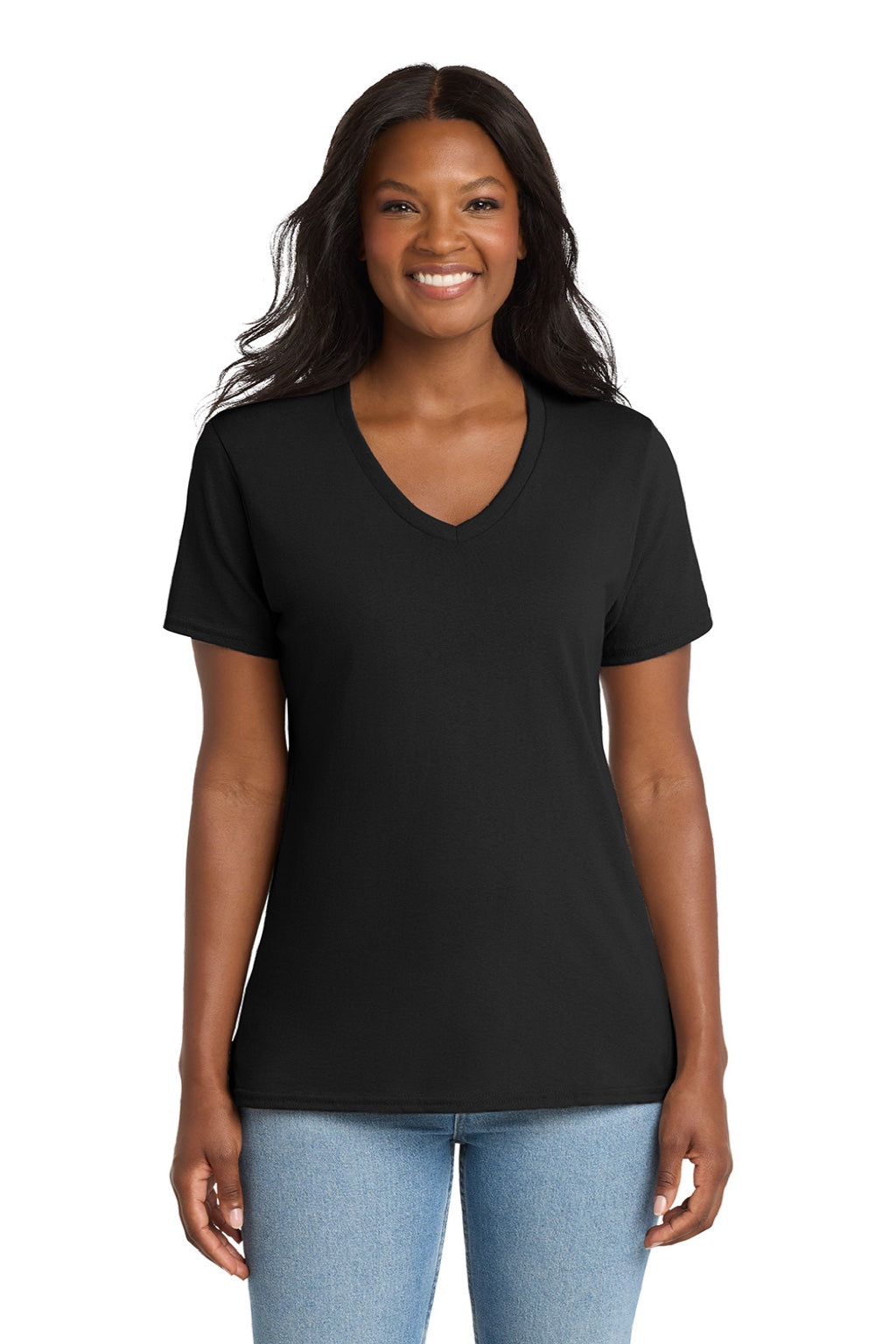 Port & Company LPC54V Womens Core Short Sleeve V-Neck T-Shirt Jet Black Model Front