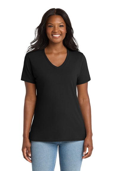 Port & Company LPC54V Womens Core Short Sleeve V-Neck T-Shirt Jet Black Model Front