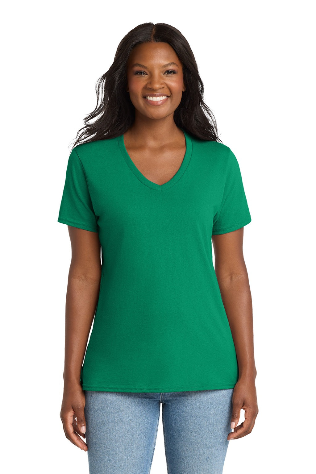 Port & Company LPC54V Womens Core Short Sleeve V-Neck T-Shirt Kelly Green Model Front