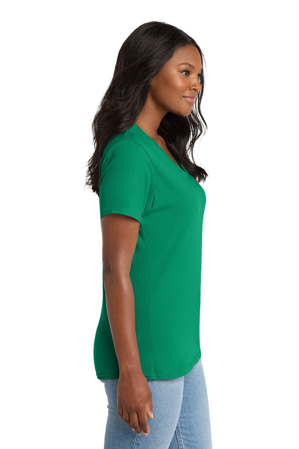 Port & Company LPC54V Womens Core Short Sleeve V-Neck T-Shirt Kelly Green Model Side