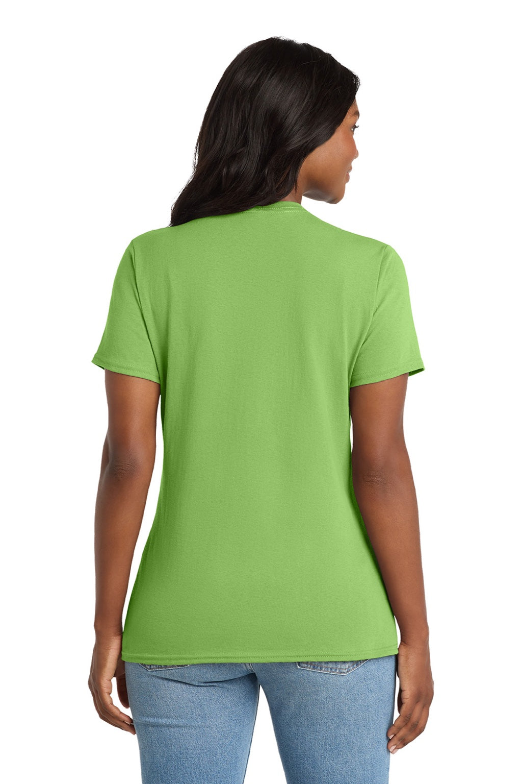 Port & Company LPC54V Womens Core Short Sleeve V-Neck T-Shirt Lime Green Model Back