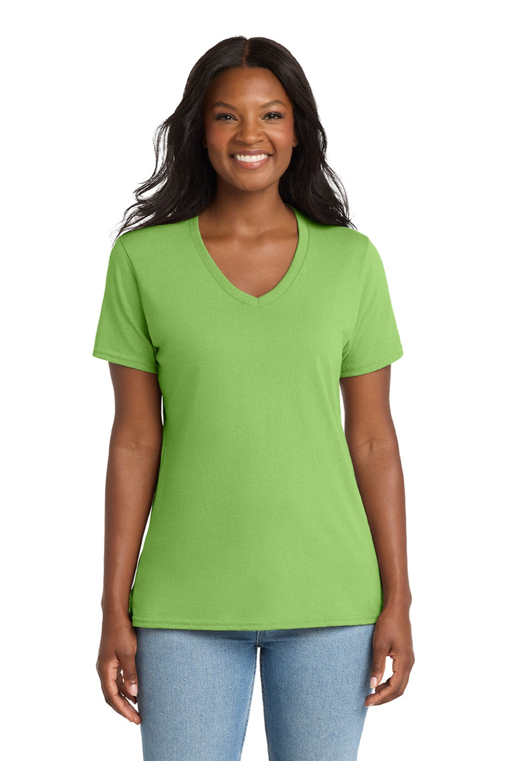Port & Company LPC54V Womens Core Short Sleeve V-Neck T-Shirt Lime Green Model Front