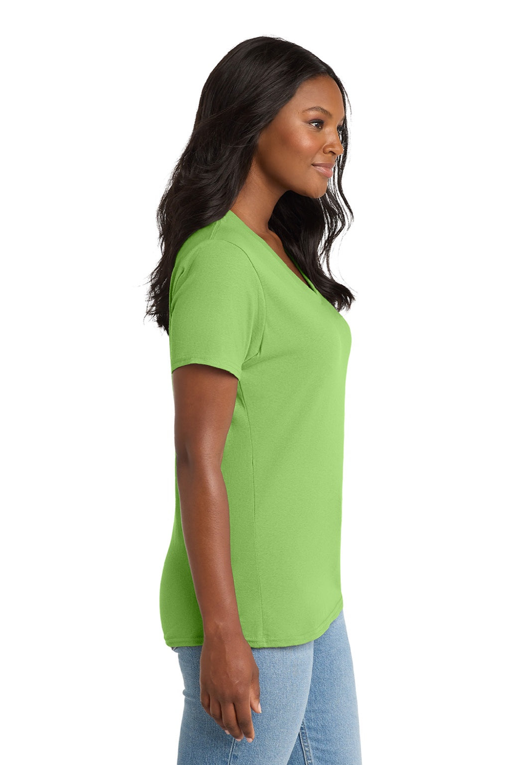 Port & Company LPC54V Womens Core Short Sleeve V-Neck T-Shirt Lime Green Model Side