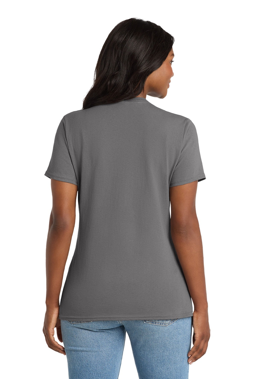 Port & Company LPC54V Womens Core Short Sleeve V-Neck T-Shirt Medium Grey Model Back