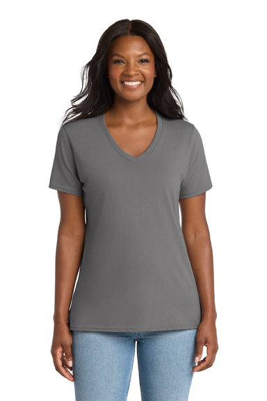 Port & Company LPC54V Womens Core Short Sleeve V-Neck T-Shirt Medium Grey Model Front