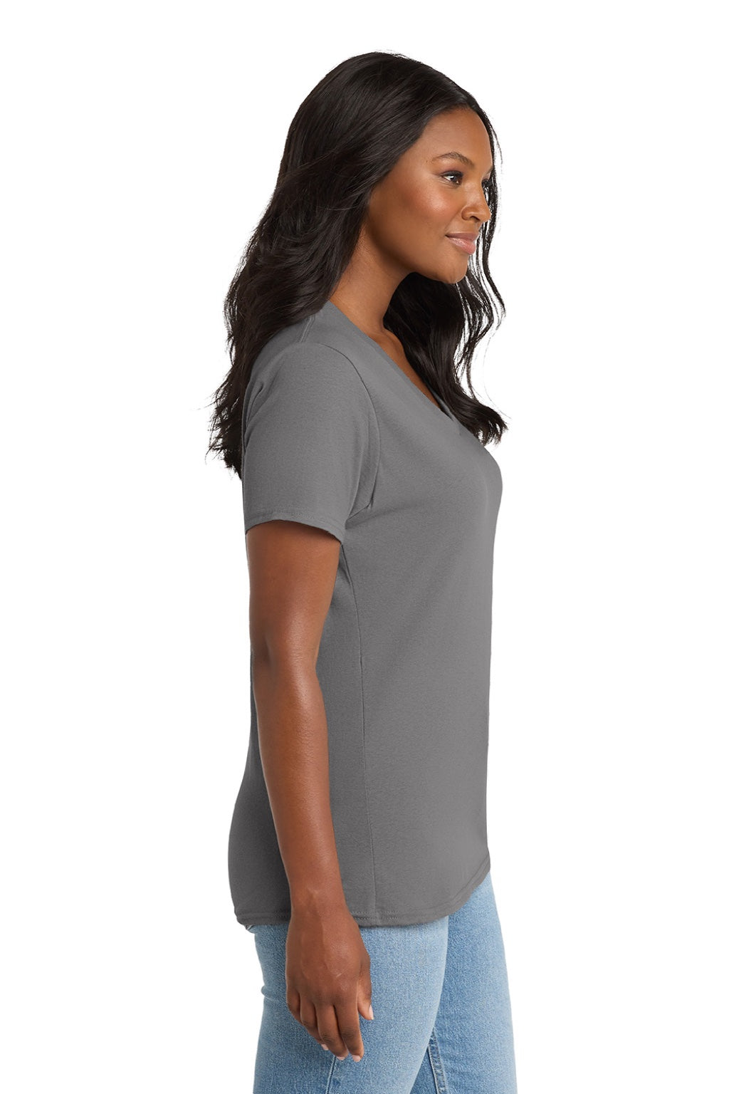 Port & Company LPC54V Womens Core Short Sleeve V-Neck T-Shirt Medium Grey Model Side
