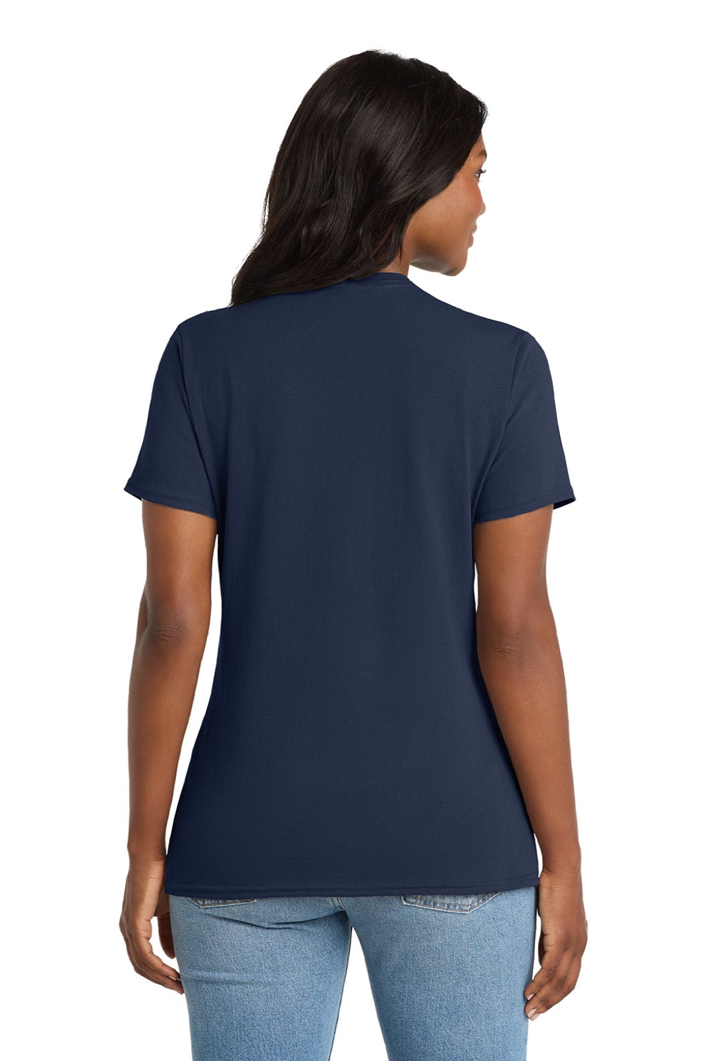 Port & Company LPC54V Womens Core Short Sleeve V-Neck T-Shirt Navy Blue Model Back