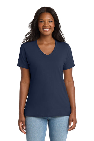 Port & Company LPC54V Womens Core Short Sleeve V-Neck T-Shirt Navy Blue Model Front