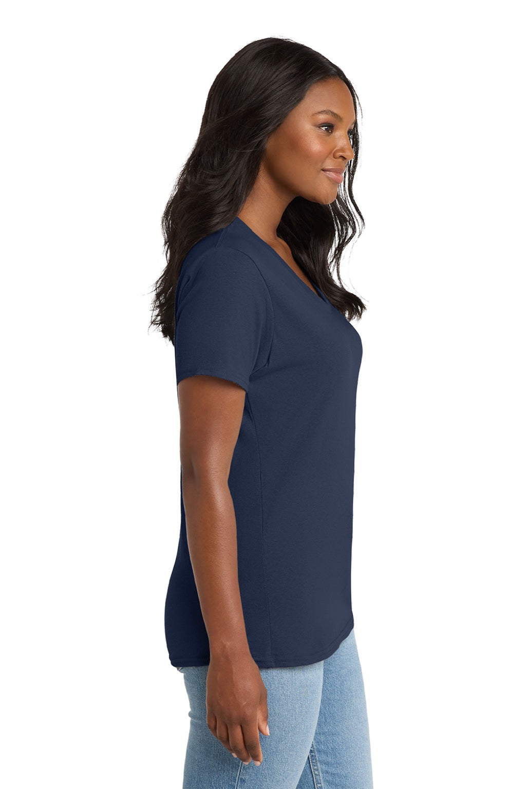 Port & Company LPC54V Womens Core Short Sleeve V-Neck T-Shirt Navy Blue Model Side
