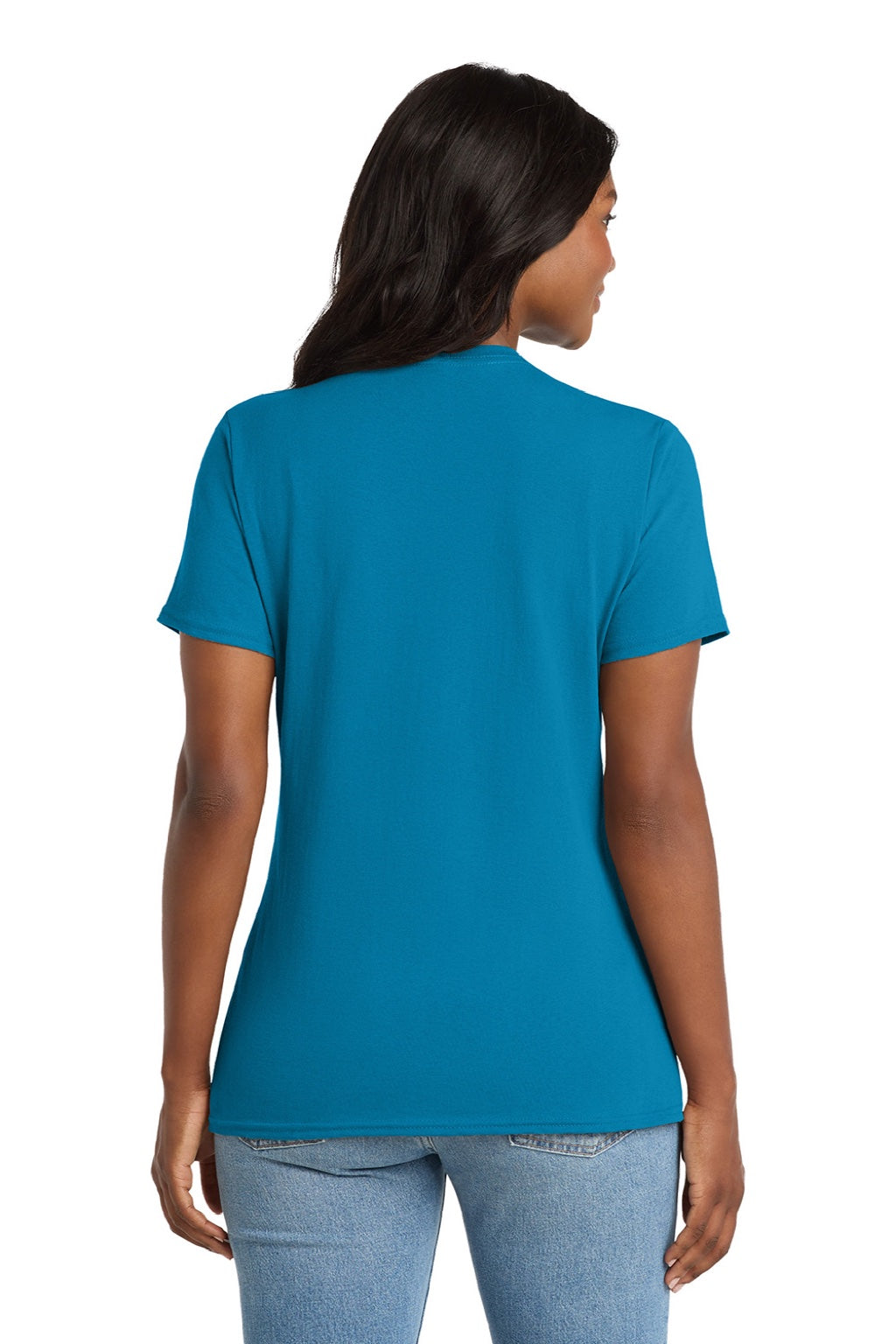 Port & Company LPC54V Womens Core Short Sleeve V-Neck T-Shirt Neon Blue Model Back