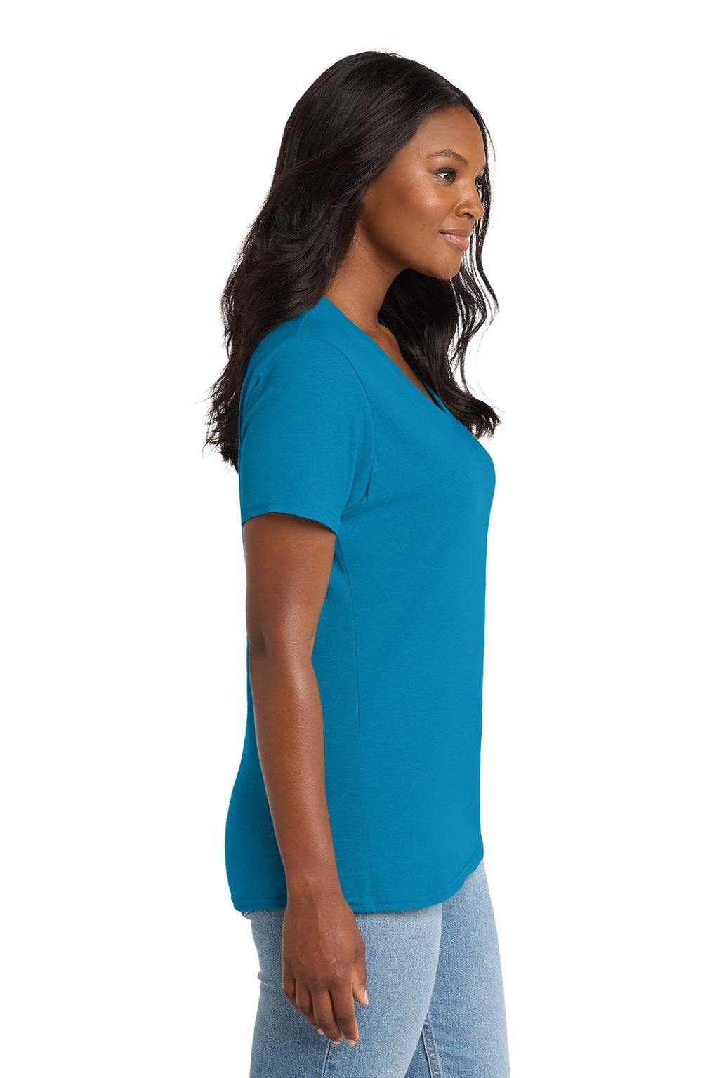 Port & Company LPC54V Womens Core Short Sleeve V-Neck T-Shirt Neon Blue Model Side
