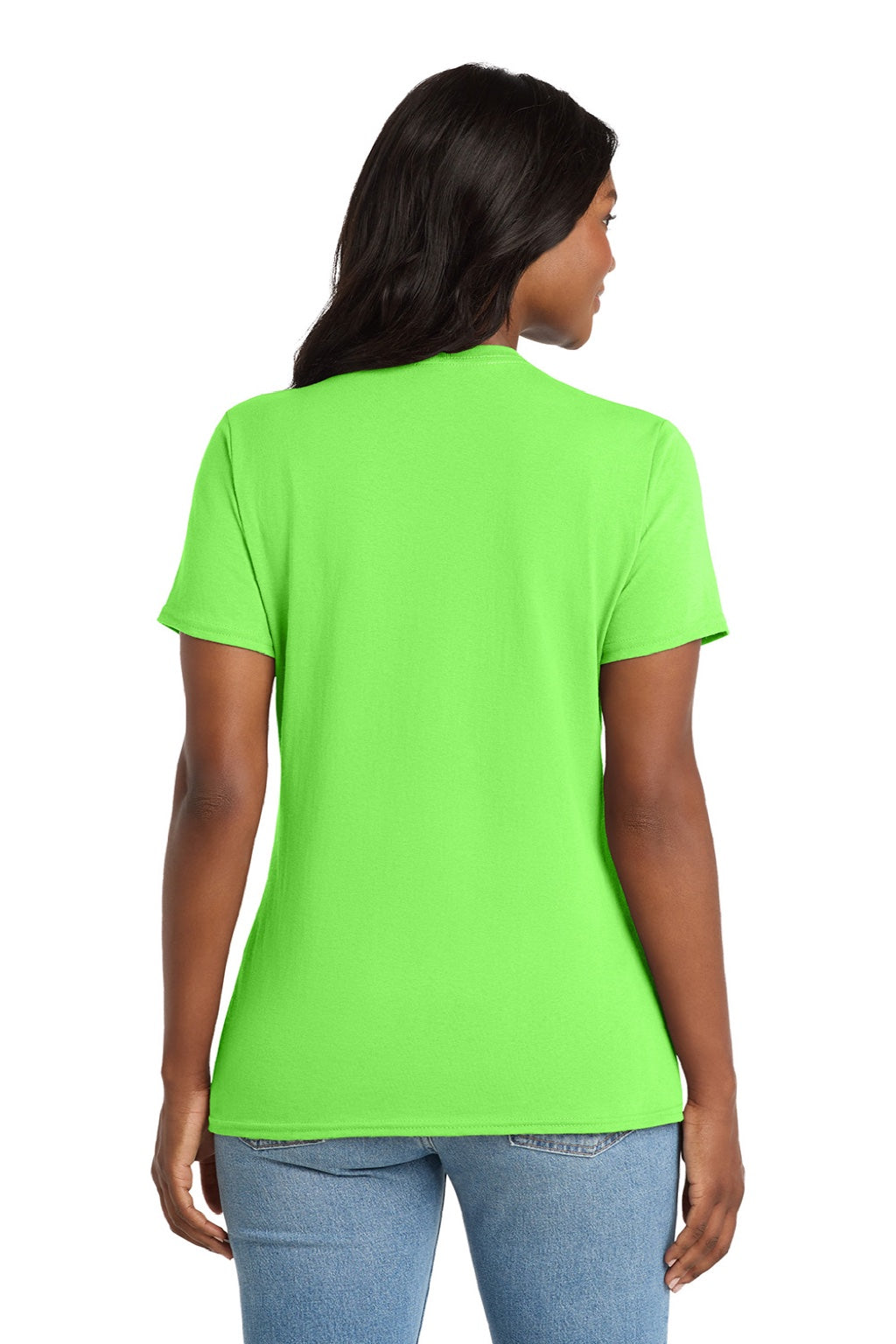 Port & Company LPC54V Womens Core Short Sleeve V-Neck T-Shirt Neon Green Model Back