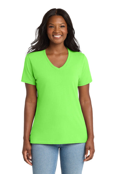 Port & Company LPC54V Womens Core Short Sleeve V-Neck T-Shirt Neon Green Model Front