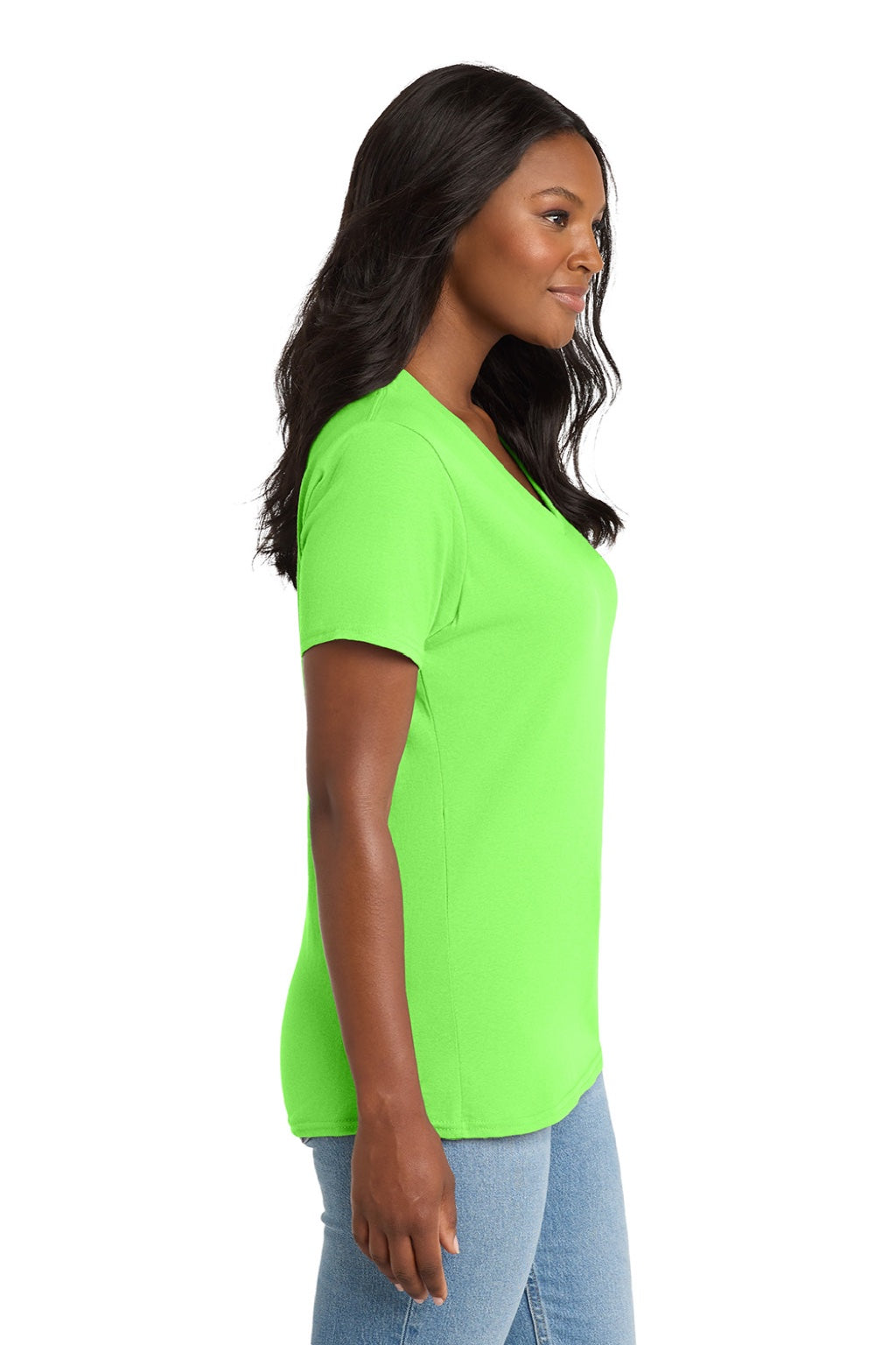Port & Company LPC54V Womens Core Short Sleeve V-Neck T-Shirt Neon Green Model Side