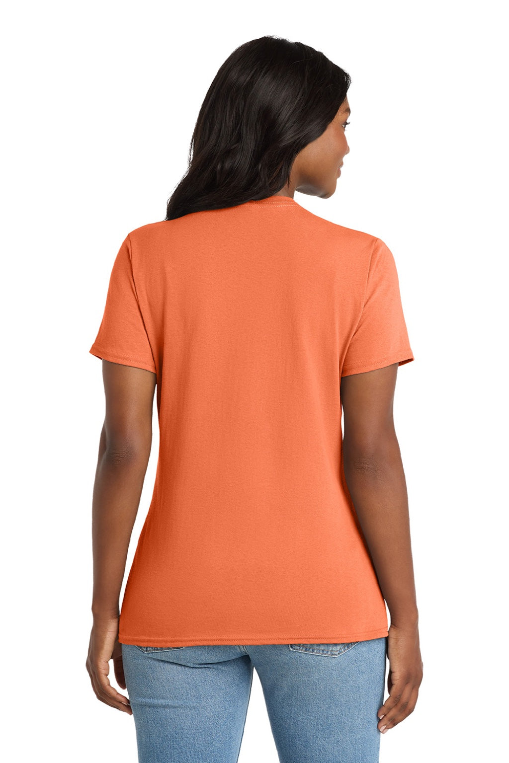Port & Company LPC54V Womens Core Short Sleeve V-Neck T-Shirt Neon Orange Model Back