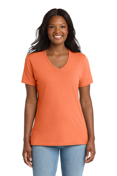 Port & Company LPC54V Womens Core Short Sleeve V-Neck T-Shirt Neon Orange Model Front
