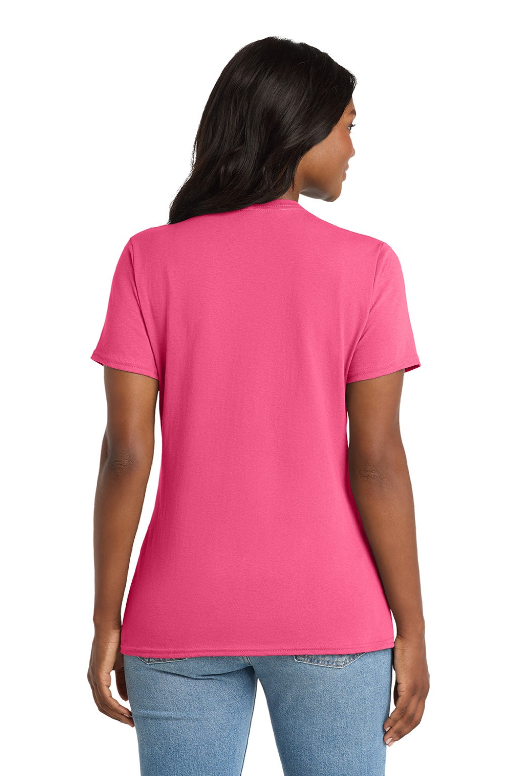 Port & Company LPC54V Womens Core Short Sleeve V-Neck T-Shirt Neon Pink Model Back