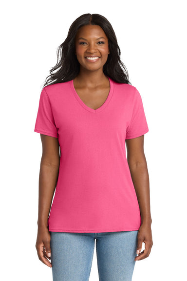 Port & Company LPC54V Womens Core Short Sleeve V-Neck T-Shirt Neon Pink Model Front