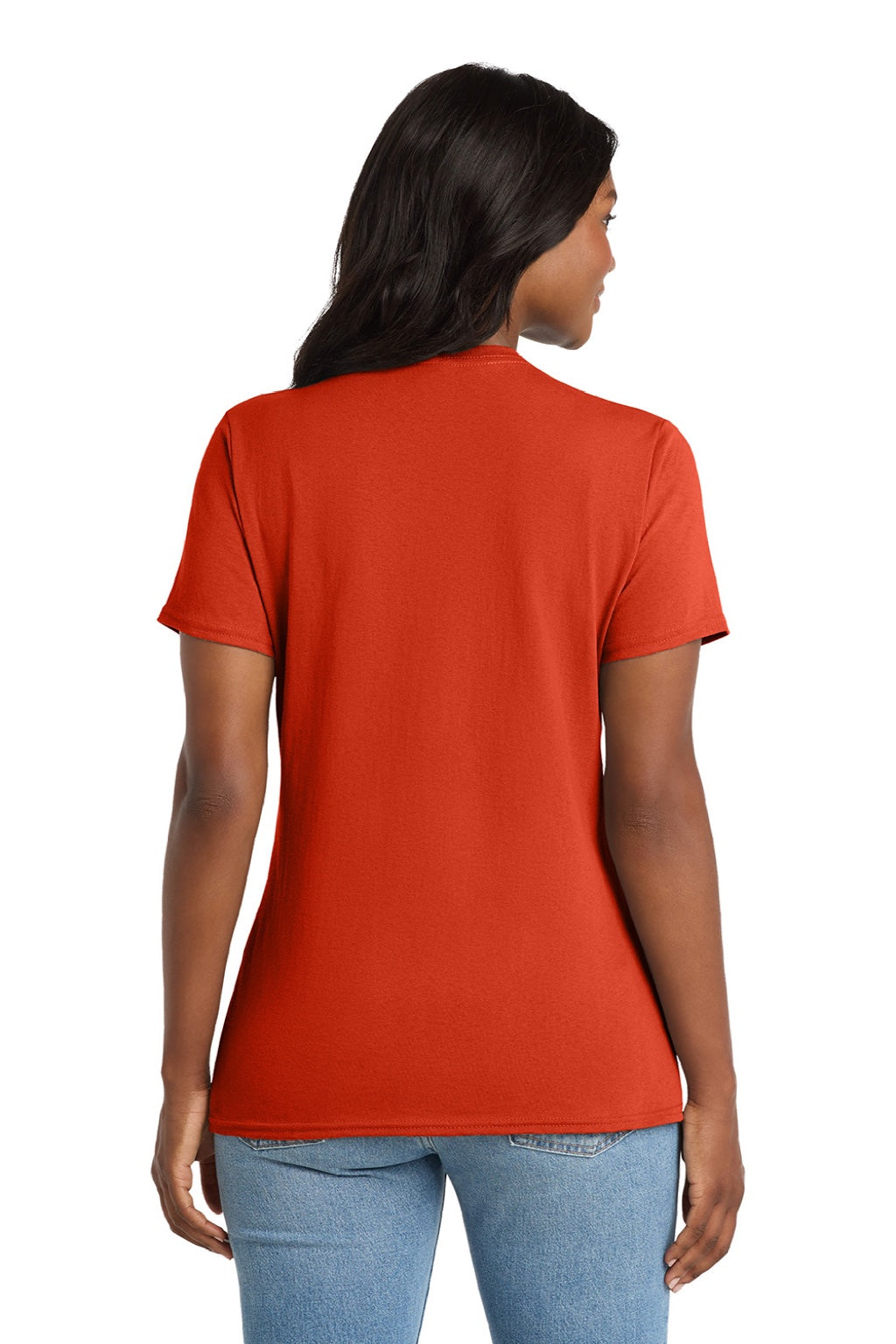 Port & Company LPC54V Womens Core Short Sleeve V-Neck T-Shirt Orange Model Back