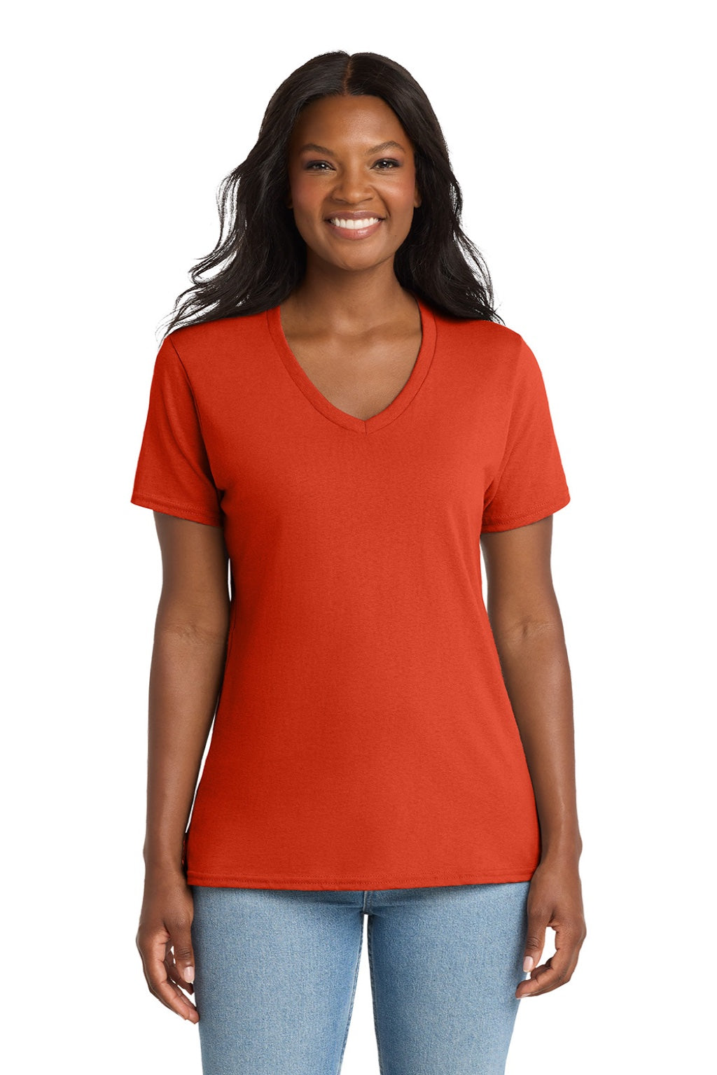 Port & Company LPC54V Womens Core Short Sleeve V-Neck T-Shirt Orange Model Front
